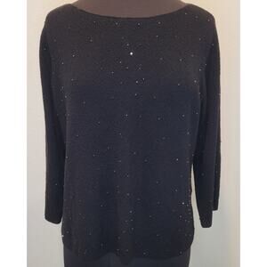 Eileen Fisher Black Beaded & Sequin Merino Wool Sweater –Wide Neck –3/4 Sleeve L